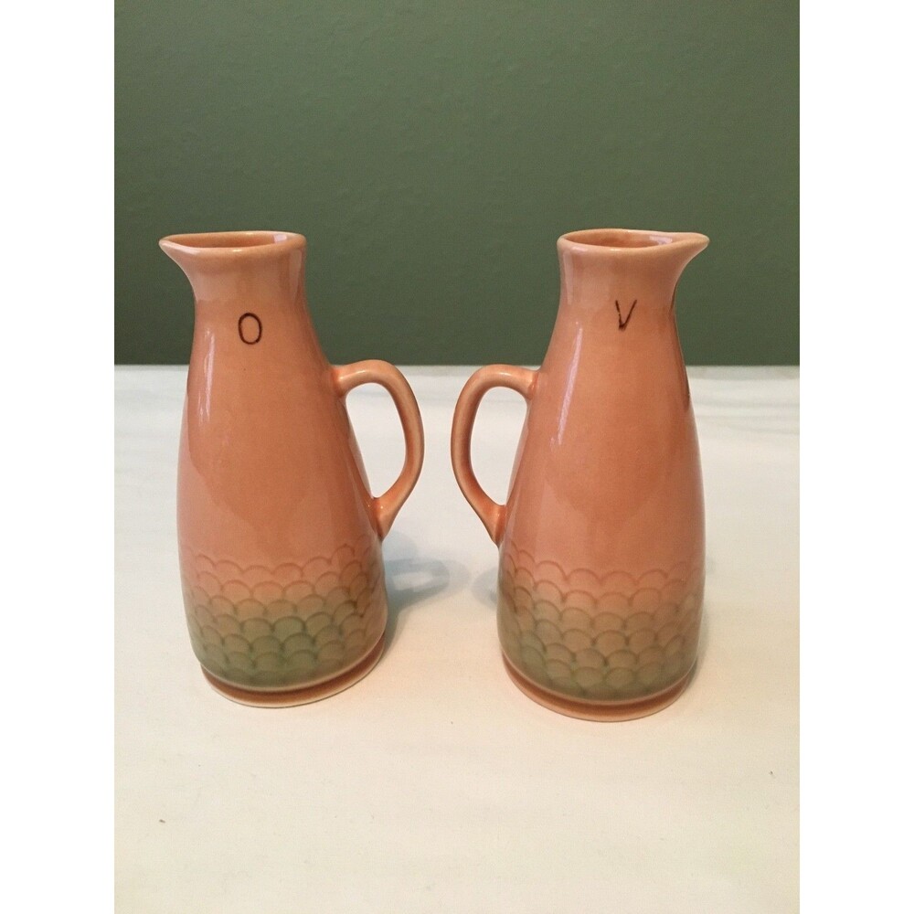 VINTAGE RUSTICANA MANN Pottery Peach & Green Ceramic Oil And Vinegar Pitchers